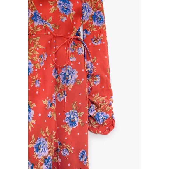 NWT Zara Blogger’s Favorite Red Floral Long Sleeve V-Neck Wrap Dress, Small - Picture 12 of 16